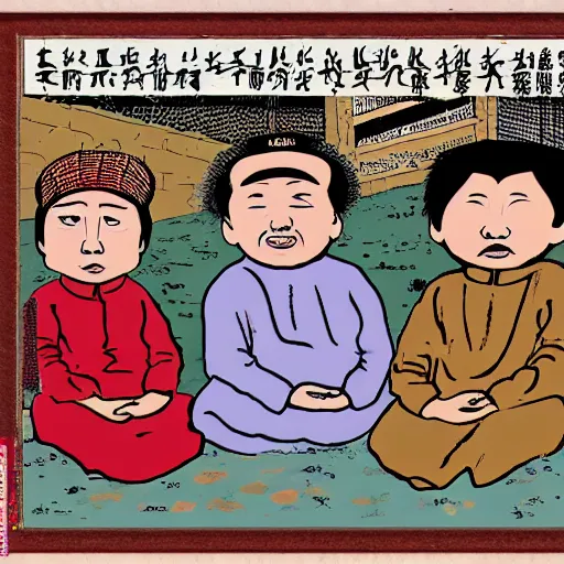 Image similar to a uyghur family in a prison, in the style of daniel johnston and outsider art, 4k, overlaid with chinese text