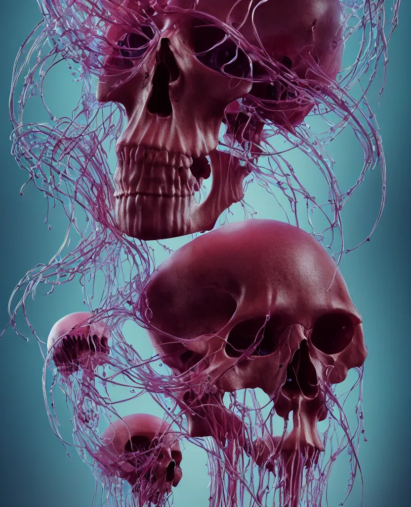 Image similar to composition of human skulls, animals skulls, bones, rib-cage. jellyfish orchids and betta fish, bioluminiscent, intricate artwork by Tooth Wu and wlop and beeple. octane render, trending on artstation, greg rutkowski very coherent symmetrical artwork. cinematic, hyper realism, high detail, octane render, 8k