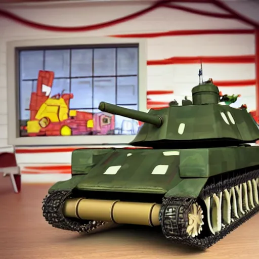 Prompt: miniature tank in a playroom, cartoon
