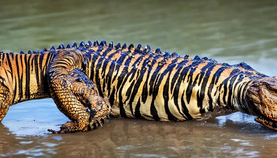 Image similar to an alligator tiger!!! hybrid! hyper realistic!! realistic lighting!! wildlife photographer of the year!!! bold natural colors, national geographic, hd, wide angle, 8 k