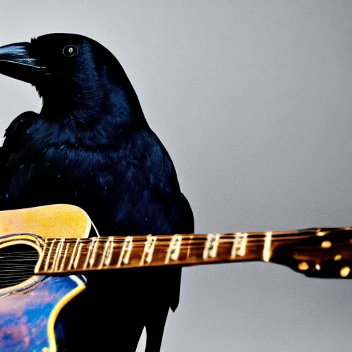 Prompt: photos of a crow sitting on a guitar