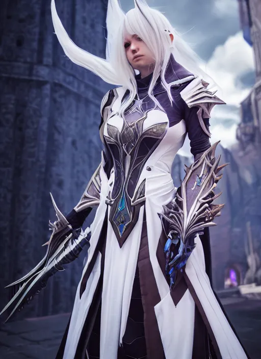 Image similar to photo of a sorceress near mage tower, warframe armor!!, fantasy, white hair, anime, professionally color graded, interesting angle, sharp focus, 8 k high definition, insanely detailed, intricate, intelligent, art by akihiko yoshida and shirotaka