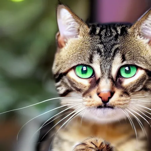 Prompt: margay tabby cat mix with green eyes