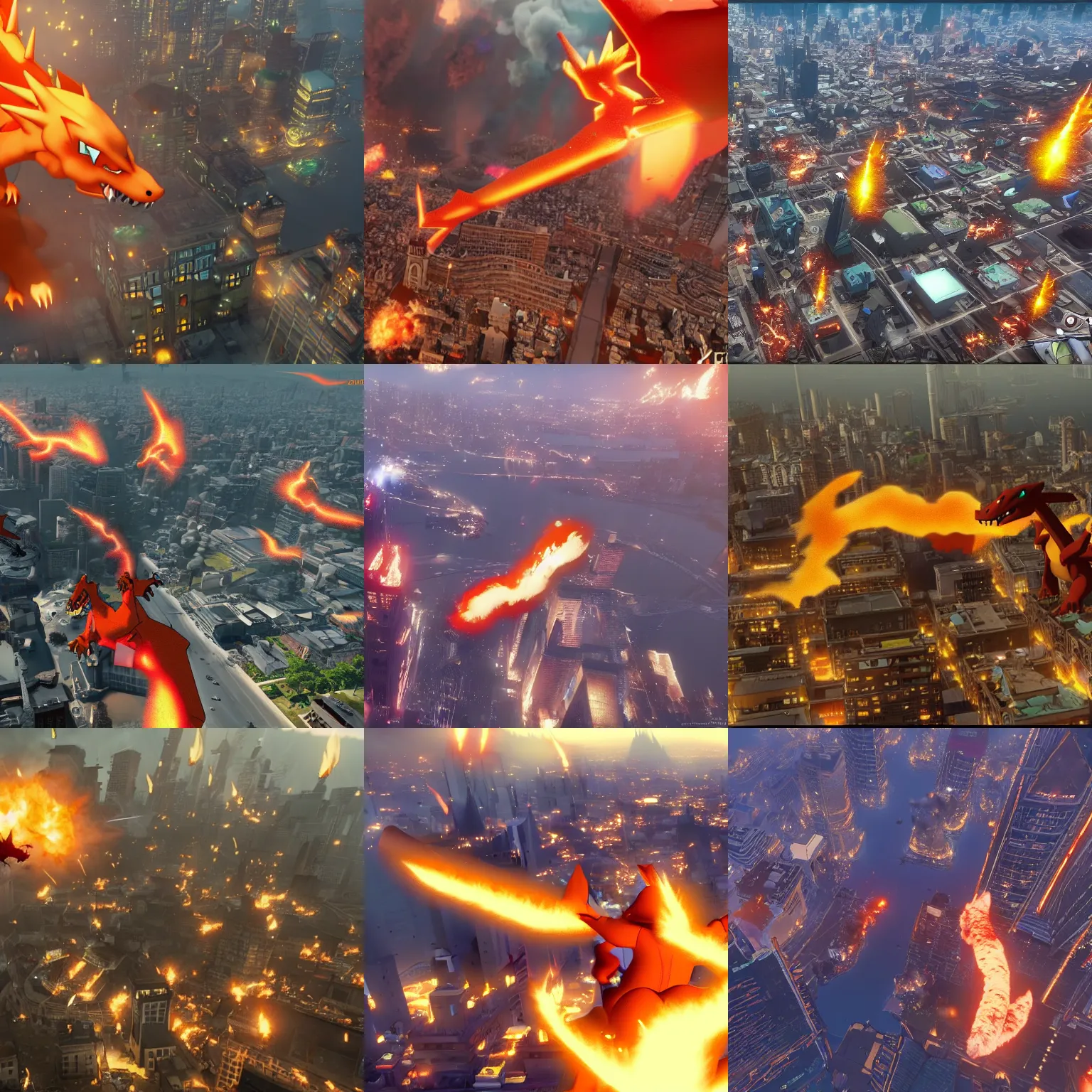 Prompt: Charizard destroying a city from the air. Epic, cinematic, unreal engine, Realistic, Hyper detailed, 4k