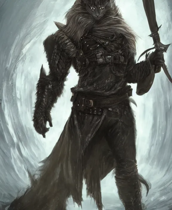 Image similar to humanoid male khajiit rogue with a scar on left eye, wearing leather armor with a hood, mainecoon cat features with black fur, far - mid shot, magic the gathering, fantasy