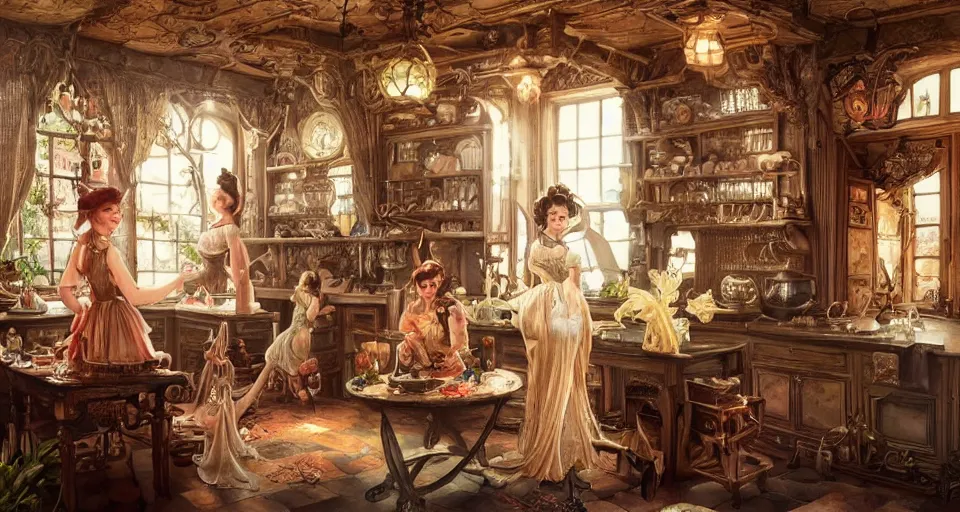 Image similar to a portrait of a fairy in a vintage magical kitchen, with one vintage book on a table, with a fireplace in the background d & d, fantasy, intricate, elegant, highly detailed, digital painting, artstation, concept art, smooth, sharp focus, illustration, art by artgerm and greg rutkowski and alphonse mucha