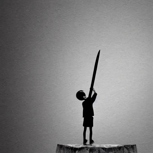 Prompt: A small kid standing on a stone and waving a wooden sword, digital art, illustration