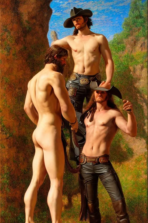 Prompt: handsome shirtless gunslinger and his attractive cowboy played by thor and loki, they are in love, wearing fringed leather pants and bandoliers, homoerotic, natural lighting, path traced, highly detailed, high quality, digital painting, by louis comfort tiffany, tom of finland, albert bierstadt