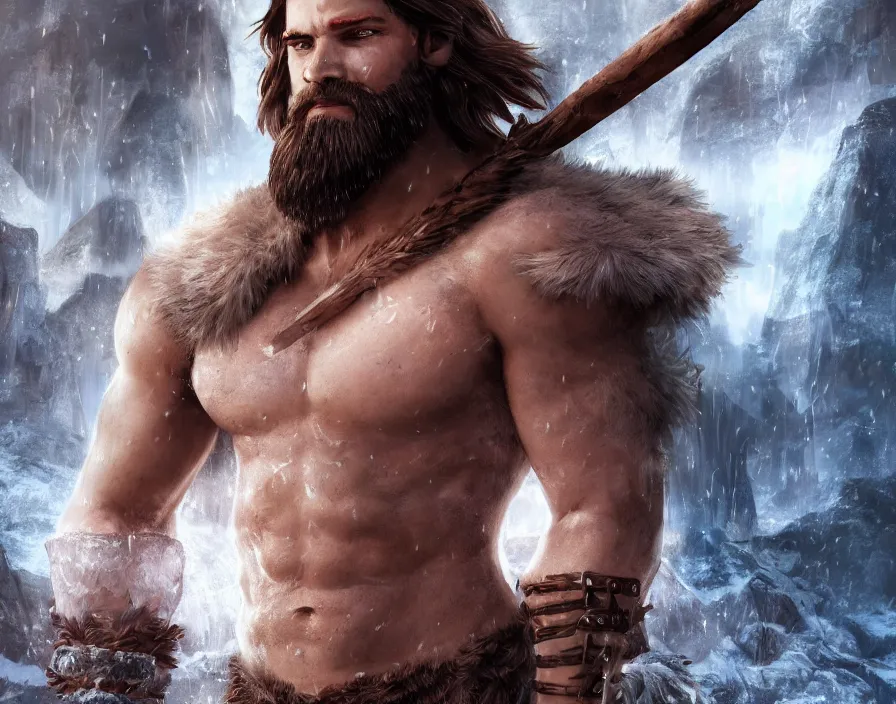 Image similar to one male barbarian face with ice crystal shards, beautiful red eyes, brown hair, brown beard, beautiful graphics, fantasy artwork, very beautiful scenery, hd, hdr, ue 5, ue 6, unreal engine 5, cinematic 4 k wallpaper, 8 k, ultra detailed, by popular digital, details, beautiful image ever created, high resolution, artstation, award winning