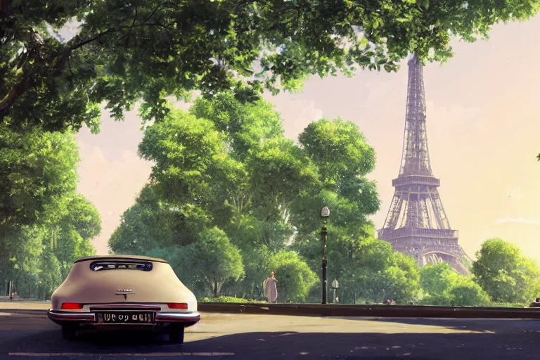 Image similar to a wholesome animation key shot of!! one!! focused! 1 9 7 4 citroen ds! in a tree lined paris street, view of eiffel tower, medium shot, studio ghibli, ( pixar ) and disney animation, sharp, very detailed, high resolution, rendered in unreal engine 5, anime key art by greg rutkowski, bloom, dramatic lighting