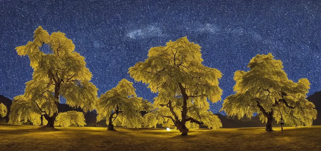 Image similar to 8k intricate detailed single chinar tree with kashmir landscape and dark starry night