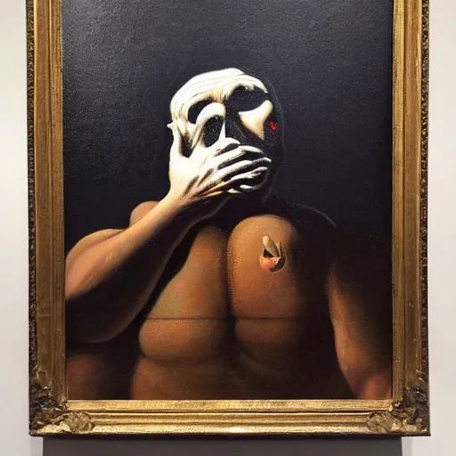 Image similar to oil painting with black background by christian rex van dali todd schorr of a chiaroscuro portrait of an extremely bizarre disturbing mutated man with acne intense chiaroscuro obscuring features lighting perfect composition masterpiece