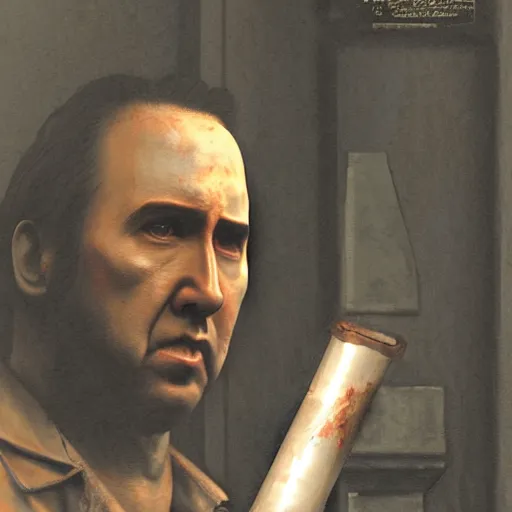 Image similar to nicolas cage hiding behind a corner holding a pipe in silent hill, ultra realistic, highly detailed, trending on artstation