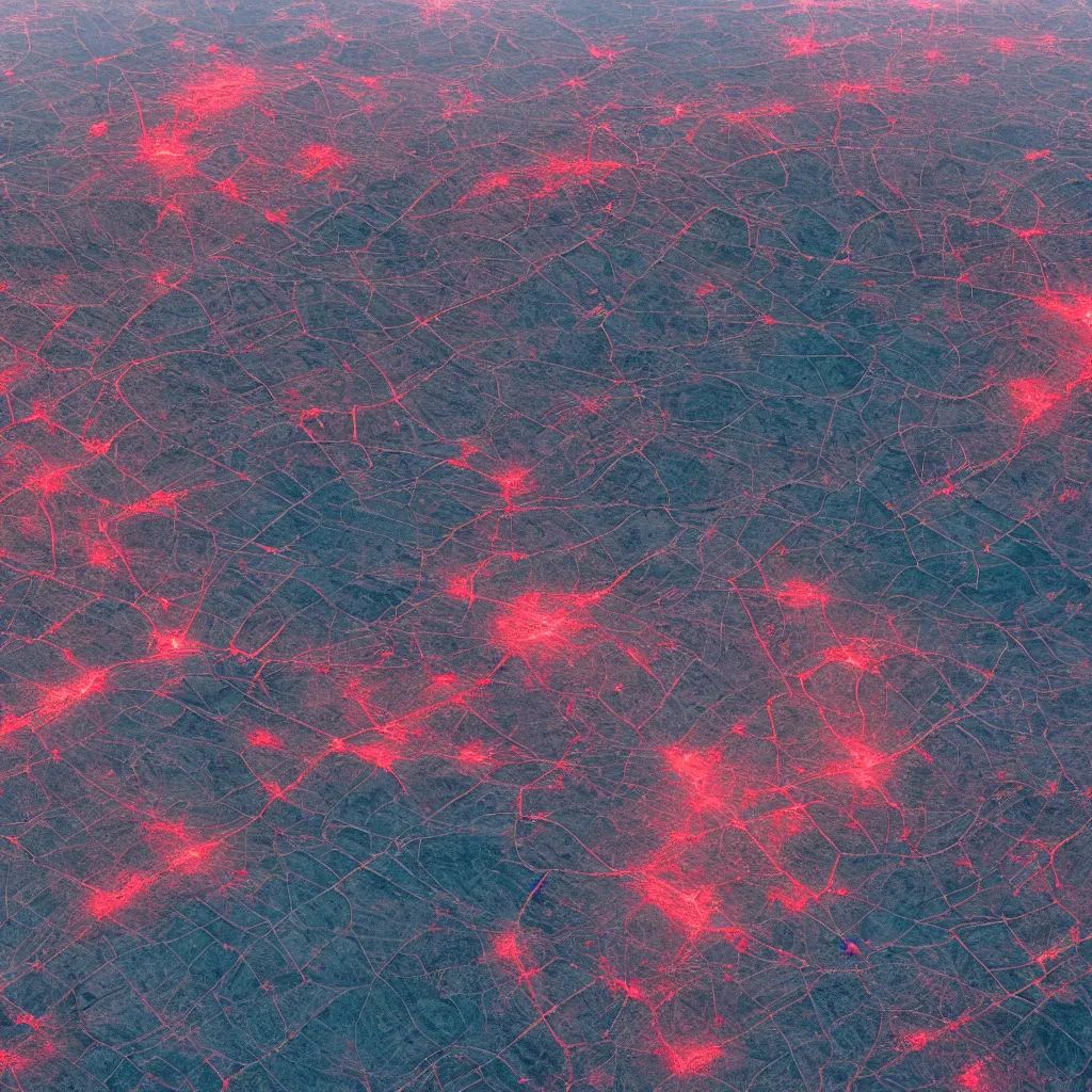 Prompt: aerial high resolution photography of a landscape filled with a disrupted high technological network, vibrant iridescent, sky is not visible, 8K, Octane Render, cinematic, state of the art, hyperrealistic lighting studio, color scheme is black red gray