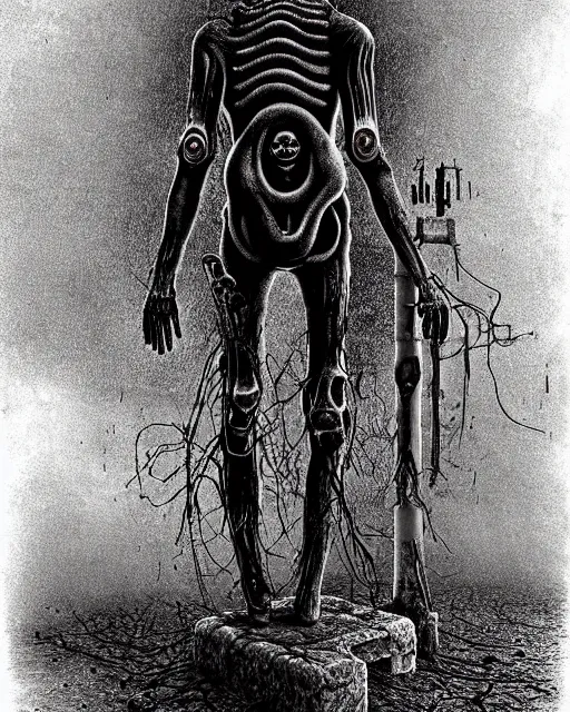 Image similar to full-body creepy realistic central composition, a decapitated soldier with futuristic elements. he welcomes you into the fog with no head, dark dimension portal, empty helmet inside is occult mystical symbolism headless full-length view. attendants watching, standing in ancient gate eldritch energies disturbing frightening eerie, uneasy atmosphere, artwork by Salvador Dali and Junji Ito