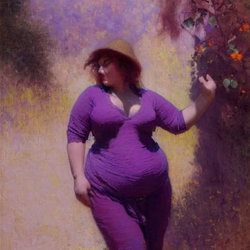 Prompt: a woman in a purple shirt with a chubby body type, painting by Gaston Bussiere, Craig Mullins