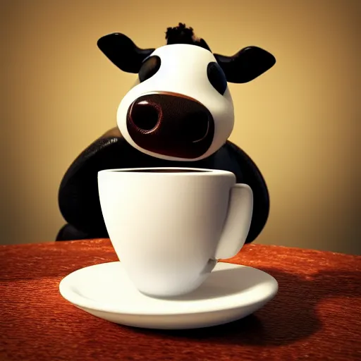 Prompt: cute cow drinking a cup of coffee, 3d render by Pixar, raytracing, black background