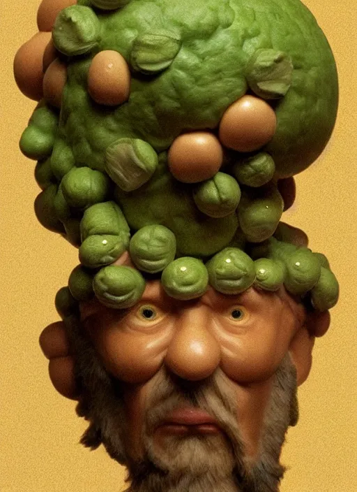 Prompt: spherical green head, flesh - toned heman anthropomorphic pea legume action figure, diffuse lighting, photographic fantasy, intricate detail, elegant, highly detailed, lifelike, photorealistic, artstation, art by john collier, frank frazetta, albert aublet, krenz cushart, artem demura and alphonse mucha