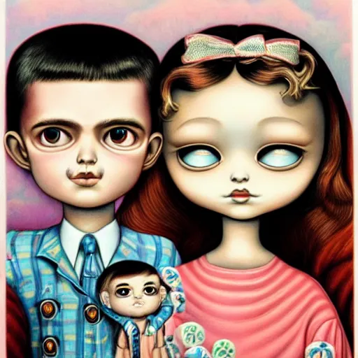 Prompt: a couple and their child portrait, living room wall background, lowbrow art pop surrealism 70's art style, by Mark Ryden and Hikari Shimoda