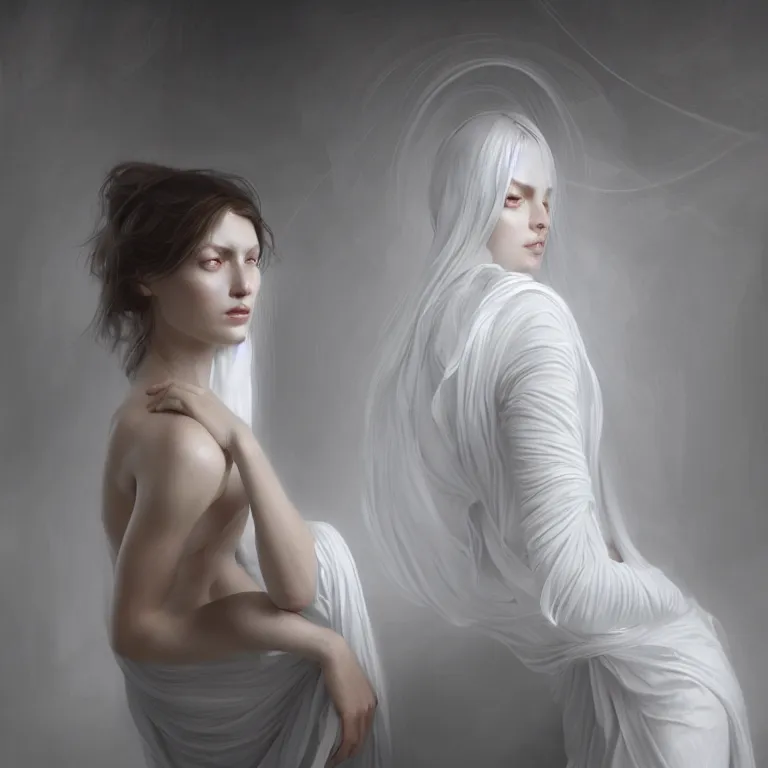 Image similar to a wonderful realistic portrait of a lonely woman with a detailed wonderful symmetrical face who is dressed with a wonderful, majestic, large semi transparent white cotton dress ornate accent white lighting, dramatic light, octane render by roberto ferri, fantasy art, photo realistic, dynamic lighting, unreal engine rendered, artstation, poster, dramatic light, - 8 k, award winning