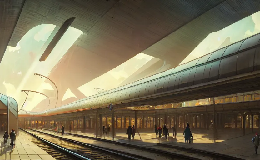 Image similar to exterior shot of utopian train station with cinematic lighting by zaha hadid and renzo piano, darek zabrocki and greg ruthkowski, alphonse mucha, simon stalenhag, cinematic, holy place, paradise, scifi, futurism, atmospheric, sunset, concept art, artstation, trending on artstation