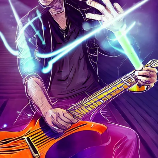 Prompt: a guitarist playing so intensely there is electricity shooting out from his guitar, energy beams under his finger tips, and magic sparkles from the freboard, amazing ditial art, trending on artstation, featured on deviantart