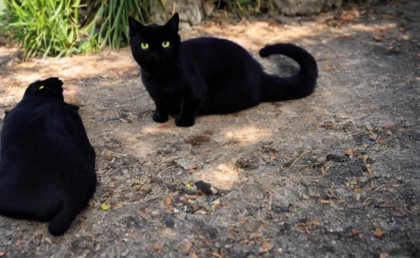 Prompt: a small black cat sitting at the food of god