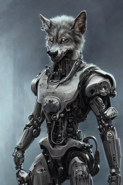 Image similar to portrait painting of a cybernetic grey werewolf with power armor, ultra realistic, concept art, intricate details, eerie, highly detailed, photorealistic, octane render, 8 k, unreal engine. art by artgerm and greg rutkowski and alphonse mucha