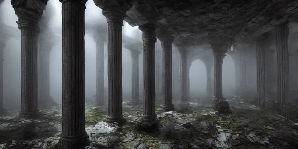 Prompt: ruins of a fantasy dwarven hall interior in the style of Lord of the Rings, very tall columns, wet floors, high ceiling, dark moody lighting, foggy atmosphere, bright colors, photo by Peter Jackson Dylan Cole and Denis Villeneuve, low angle view, octane rendering