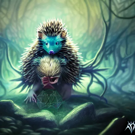 Image similar to Hedgehog magus, Tzeentch, portrait, nature, fairy, forest background, magic the gathering artwork, D&D, fantasy, cinematic lighting, centered, symmetrical, highly detailed, digital painting, artstation, concept art, smooth, sharp focus, illustration, volumetric lighting, epic Composition, 8k, art by Akihiko Yoshida and Greg Rutkowski and Craig Mullins, oil painting, cgsociety