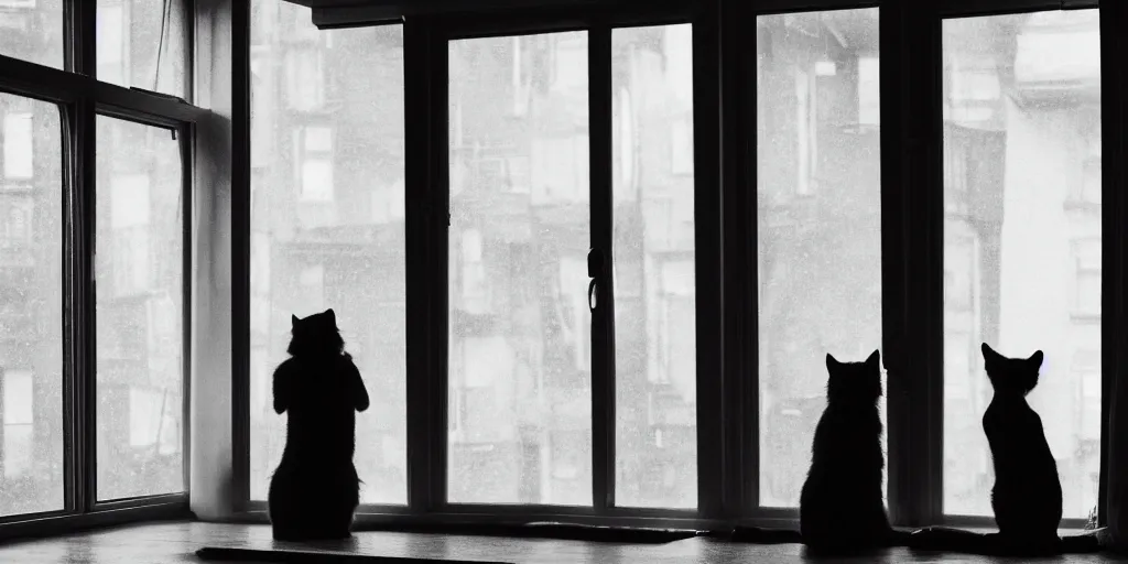 Prompt: silhouette of a girl and her cat, looking out a window on a rainy day, inside a cozy apartment, with a city view.