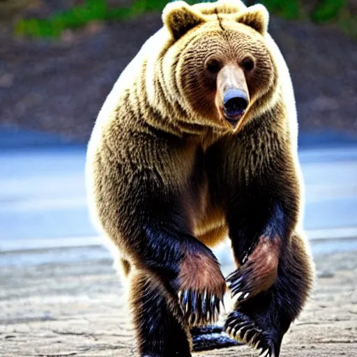 Image similar to a ferocious grizzly bear. The bear is wearing shorts on his legs!