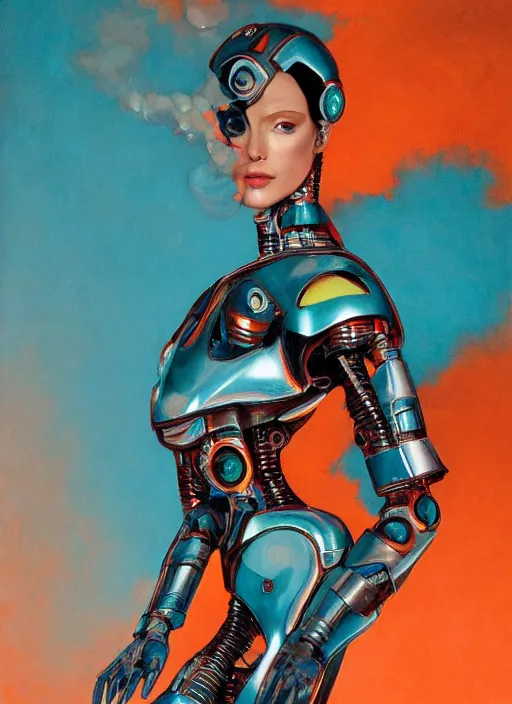 Image similar to ( ( symmetry ) ) closeup portrait of a chrome mech cyborg android stunning girl, fashion racer jumpsuit with shoulder pads, cinematic light, teal orange, viscous volumetric smoke, mist, by gerald brom, by mikhail vrubel, by peter elson, muted colors, extreme detail, trending on artstation, 8 k