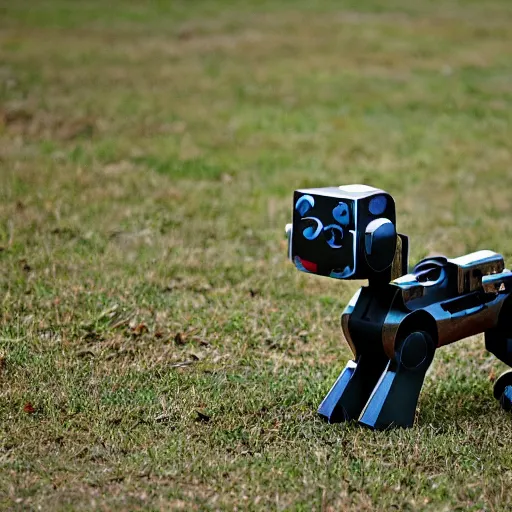 Prompt: robotic dog with a gun on its back and in military camouflage, camera photo