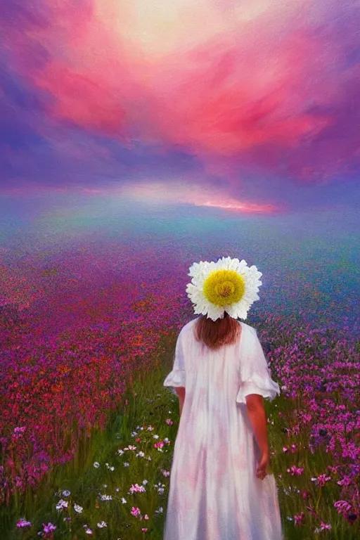 Image similar to white daisy flowers as head veil, girl walking in a flower field, surreal photography, sunrise, dramatic light, impressionist painting, colorful clouds, digital painting, artstation, simon stalenhag