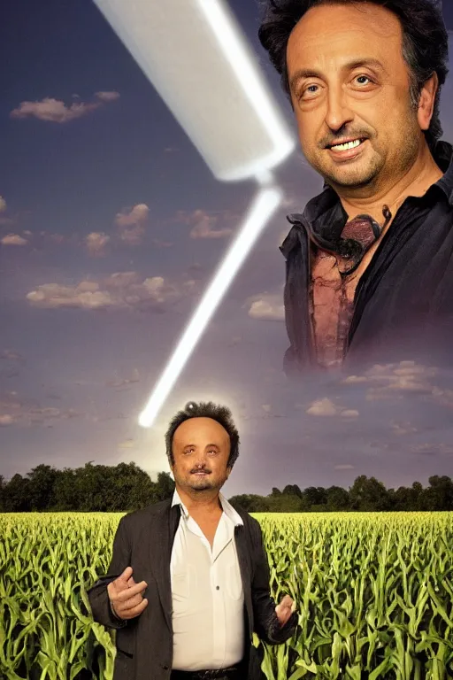 Image similar to Giorgio A. Tsoukalos, abducted by an alien space ship in a corn field