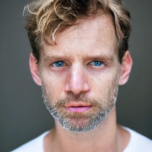 Image similar to full face color photograph of a 40 year old very handsome skinny white man with short, curly, light blond hair and very small slanted blue eyes, dressed in a white t shirt, gray shorts and black socks, with a small mole to the right of his very thin lips, with a straight nose and blond stubble on his round face, and an earring in the left ear. His small eyes, blond hair and manly features make him look like a lion.