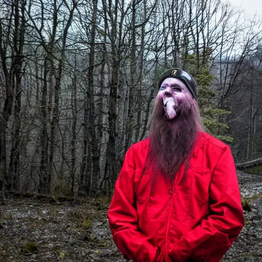 Image similar to varg vikernes smiling at the camera with mothman flying in the distance, photograph