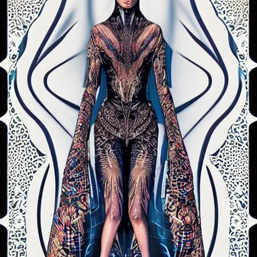 Image similar to a beautiful arabian woman wearing a futuristic dress by alexander mcqueen, artgerm, alex gray, android jones, fashion show, futuristic, organic dress, seamless pattern, concept art, fantasy