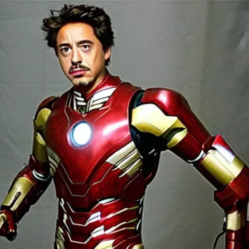 Image similar to photo of young robert downey jr putting in a brown cardboard fake ironman costume, helmet off