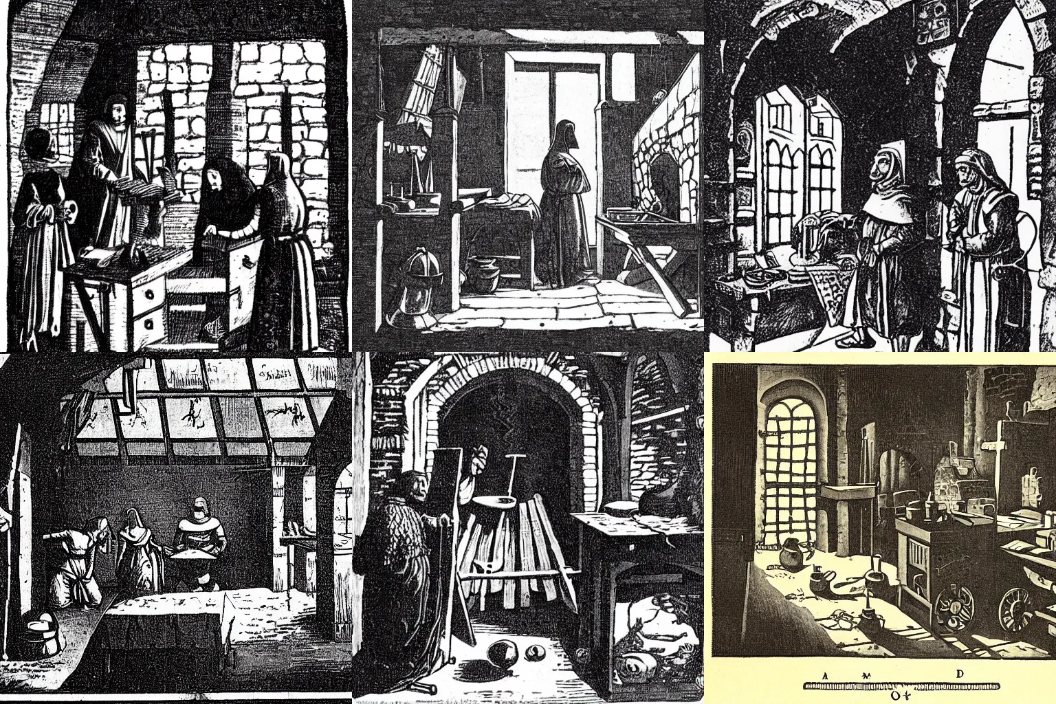 Prompt: a medieval workshop. dark, secretive, illustration, 1 9 2 0.