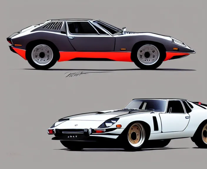 Image similar to a blending, amalgamation and detailed combination of a lamborghini countach, datsun 2 6 0 z and a jaguar e - type, concept art, very round headlights, long front end, 8 k, highly detailed, trending on art station, dramatic lighting