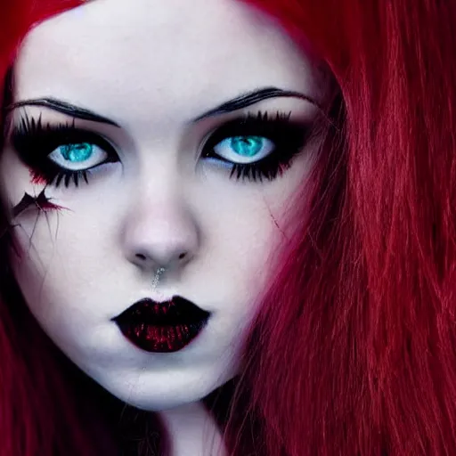 Prompt: modeling photograph kerli koiv, redhead, beautiful, dark, mysterious, bubble goth, detailed face, half body shot