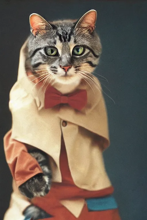 Image similar to anthropomorphic color photo of a cat wearing a costume, realistic