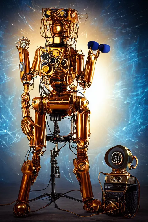 Image similar to portrait photo of a giant huge golden and blue metal humanoid female steampunk robot singer with headphones and gears and tubes, in the foreground is a big red glowing microphone on a tripod, eyes are glowing red lightbulbs, shiny crisp finish, 3 d render, 8 k, insaneley detailed, fluorescent colors, background is multicolored lasershow