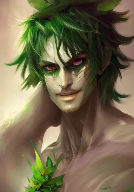 Prompt: A realistic anime portrait of a handsome dryad joker with glowing green eyes and tree bark skin wearing clothes made of leaves, digital painting, by Stanley Artgerm Lau, Sakimichan, WLOP and Rossdraws, digtial painting, trending on ArtStation, SFW version