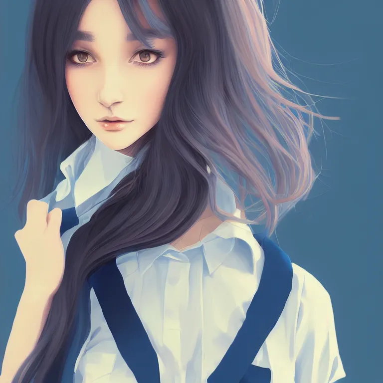 Image similar to urban high school girl in shirt fanart, dark blue long hair, muted colors, matte print, pastel colors, ornate, digital art, digital painting, fan art, elegant, artstation, by Ilya Kuvshinov