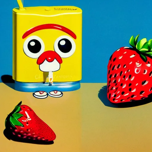 Prompt: a cartoon strawberry with big eyes, arms and legs and only two front teeth, drooling, holding a bright yellow tooth brush, in the style of little golden books