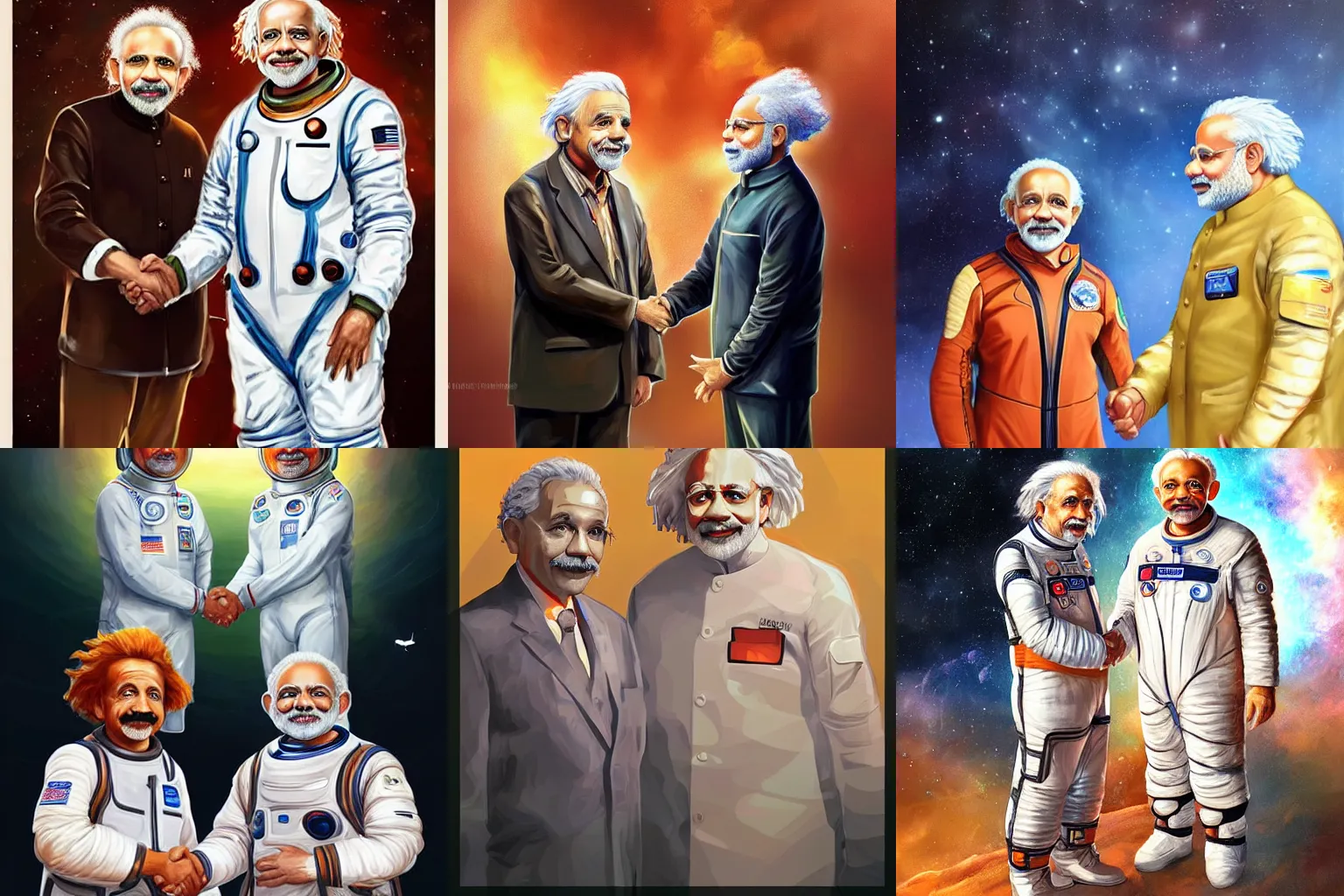 Prompt: head and shoulders masterpiece portrait of Albert Einstein and Narendra Modi in spacesuits shaking hands, surreal background, digital art by Krenz Cushart, trending on artstation, cgsociety,