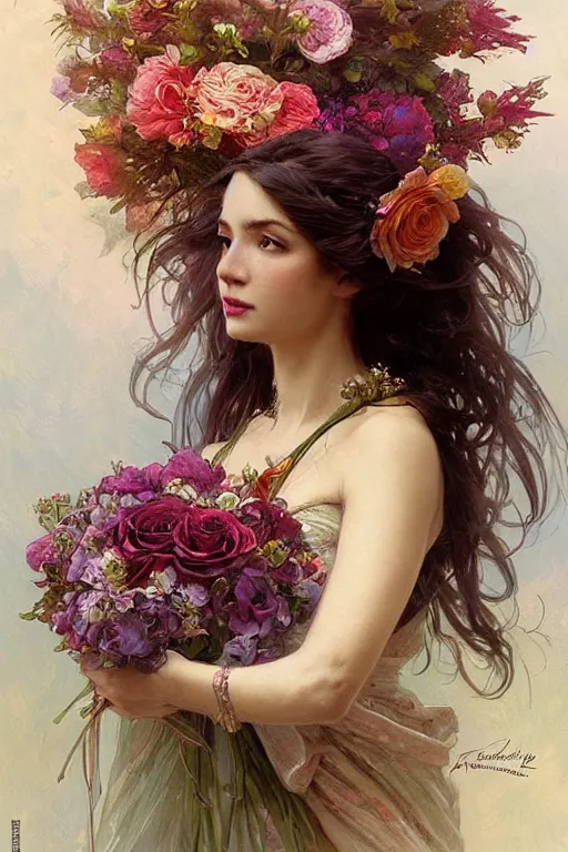 Image similar to portrait of a beautiful mysterious woman holding a bouquet of flowing flowers, hands hidden under the bouquet, fantasy, regal, intricate, by stanley artgerm lau, greg rutkowski, thomas kindkade, alphonse mucha, loish, norman rockwell